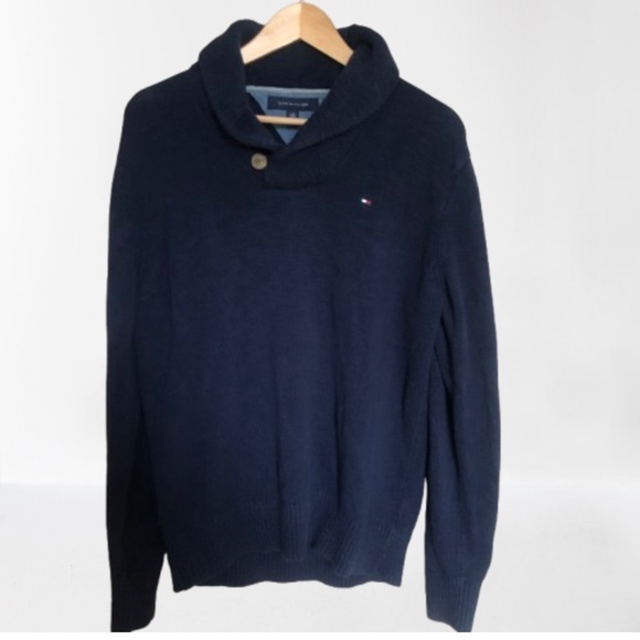 Tommy Hilfiger Classic Navy Blue Shawl Collar Cotton Knit Sweater Large - Picture 1 of 7